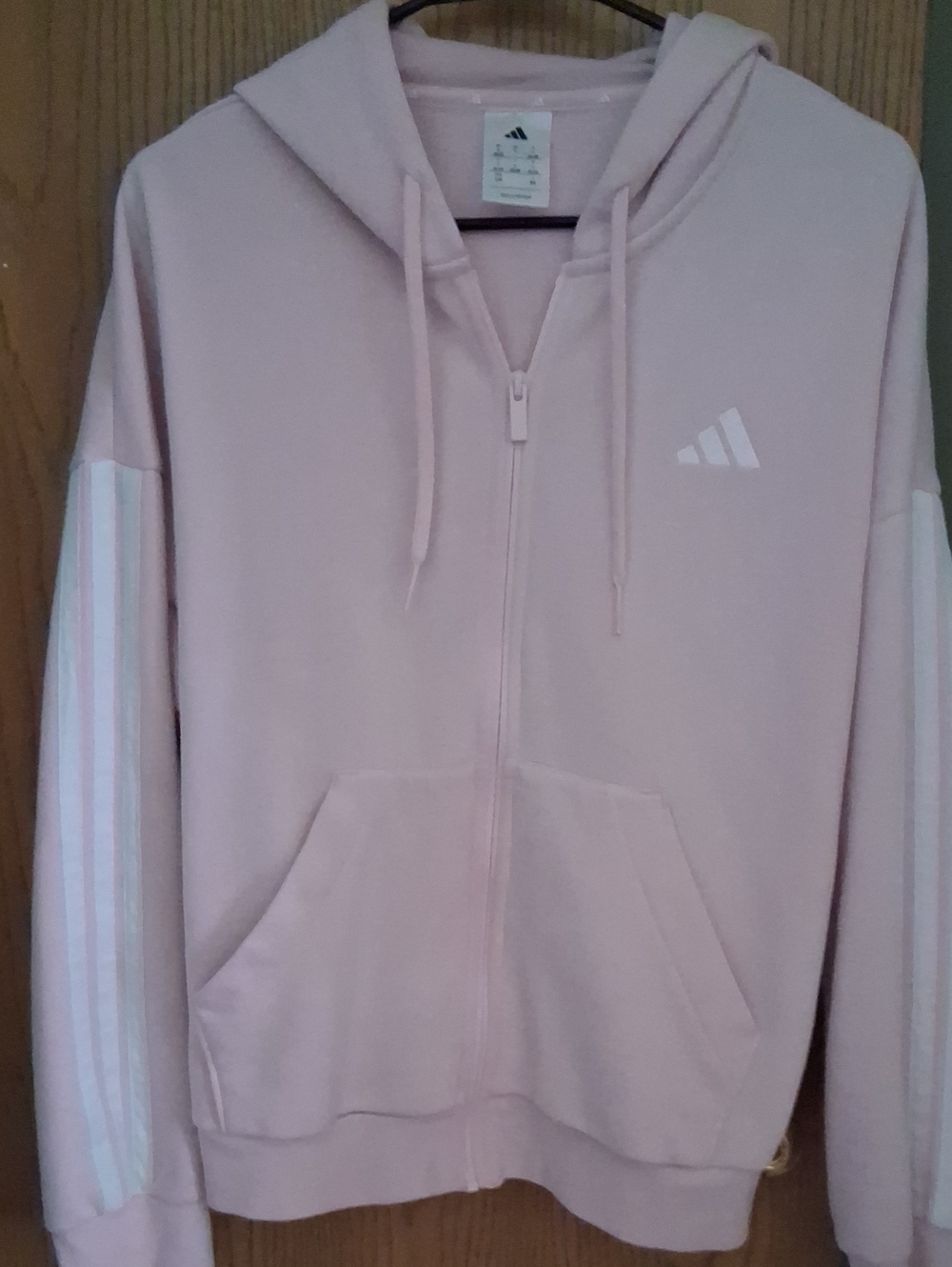 Womens adidas Pale Pink Zip-Up Hoodie with Striped Sleeves Size L
